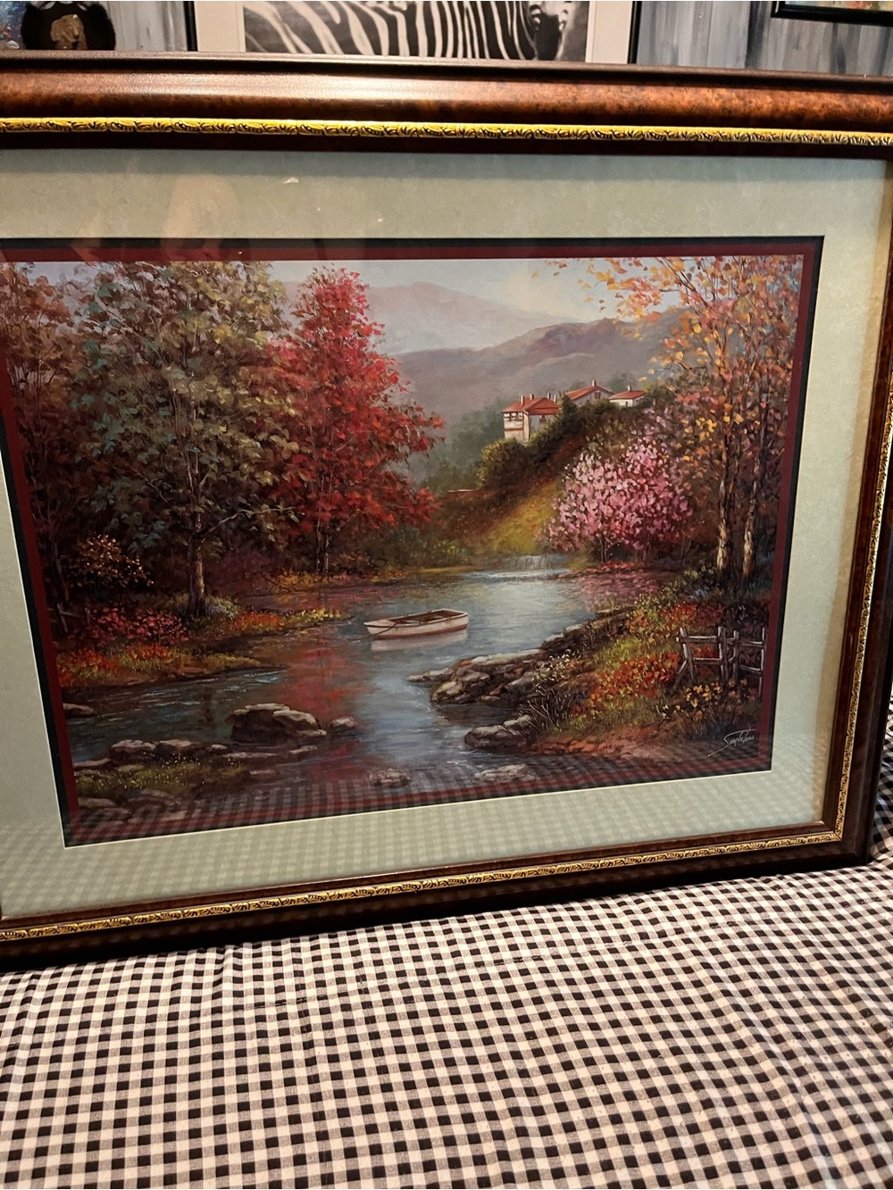 Framed Autumn River Landscape Wall Art - Red, Green, Pink